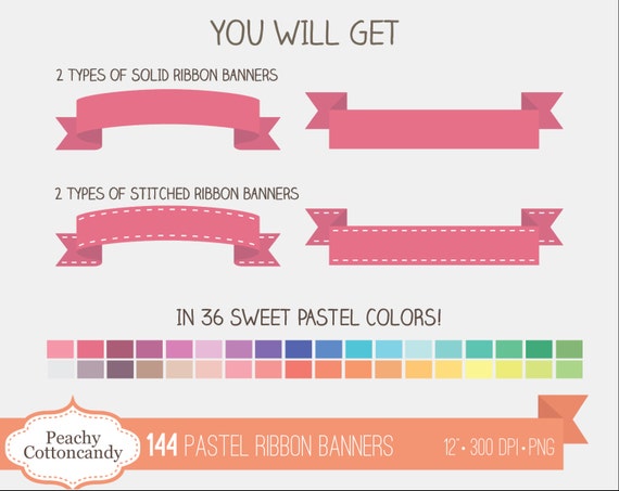 BUY 4 GET 50% OFF 144 Pastel Digital Ribbon Banners Clipart Baby Ribbon  Banner Clip Art Cute Stitched Ribbons Clipart 