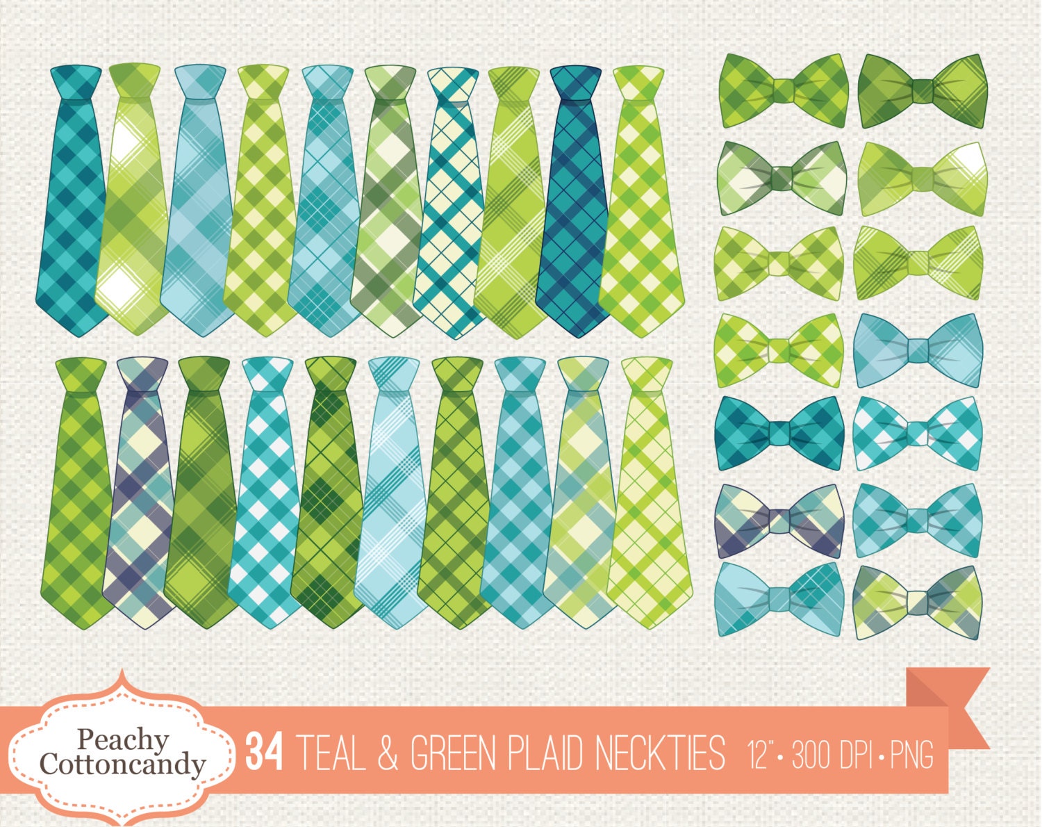 BUY 4 GET 50% OFF 34 Teal & Green Plaid Neckties Clipart - Plaid Necktie and Bow Tie Clip Art - Tie Embellishment - Commercial Use Ok