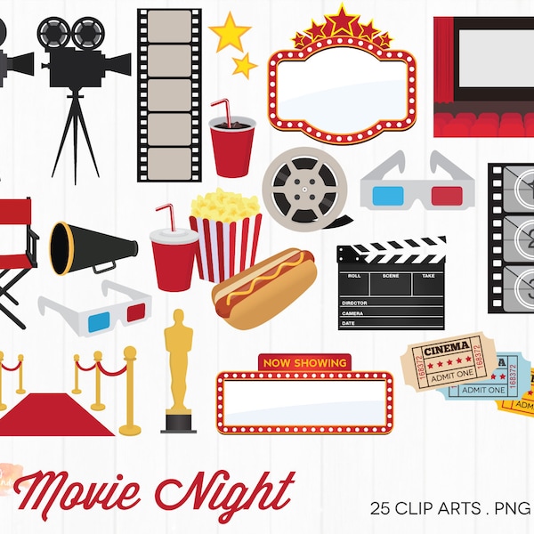 BUY 4 GET 50% OFF Movie Night Clipart - Movie Clipart - Movie Clip Art - Film Cinema Clipart - Hollywood Clipart - Movie Theatre Clip Art