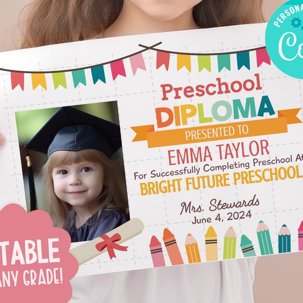 BUY 4 GET 50% OFF Editable Preschool Certificate with Photo Printable Kindergarten Certificate Preschool Diploma Certificate Template