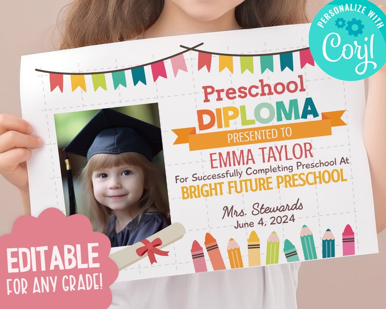 BUY 4 GET 50% OFF Editable Preschool Certificate with Photo Printable Kindergarten Certificate Preschool Diploma Certificate Template image 1