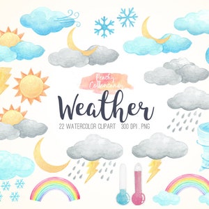 BUY 4 GET 50% OFF Watercolor Weather Clip Art - sun moon clouds rain snow lightning rainbow clipart & illustration  - Commercial Use Ok