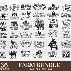 May include: A set of 36 black and white farmhouse-themed SVG designs. The designs feature various phrases and images related to farm life, such as "Farm Fresh Produce", "Welcome to our Farmhouse", "I Love My Farm Life", "Faith Family Farm", and "God Bless the Farmer".