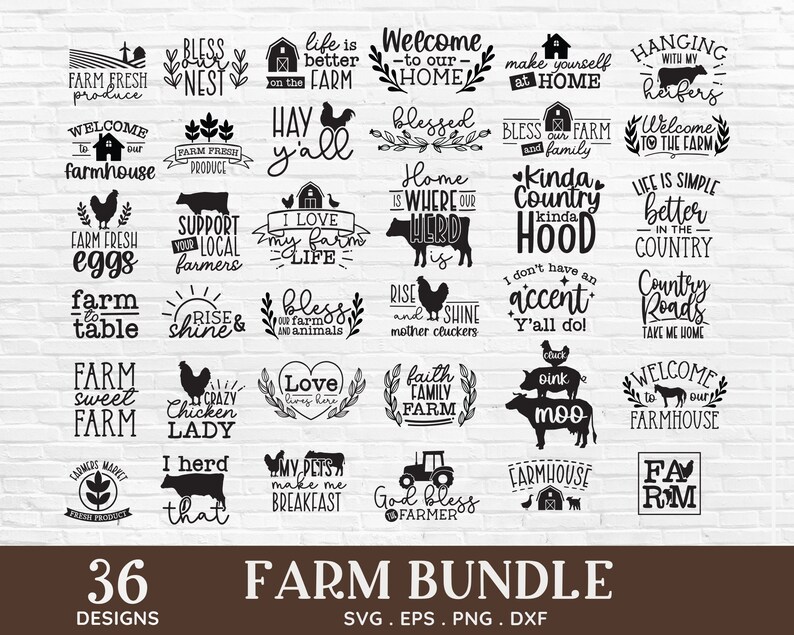 May include: A set of 36 black and white farmhouse-themed SVG designs. The designs feature various phrases and images related to farm life, such as "Farm Fresh Produce", "Welcome to our Farmhouse", "I Love My Farm Life", "Faith Family Farm", and "God Bless the Farmer".