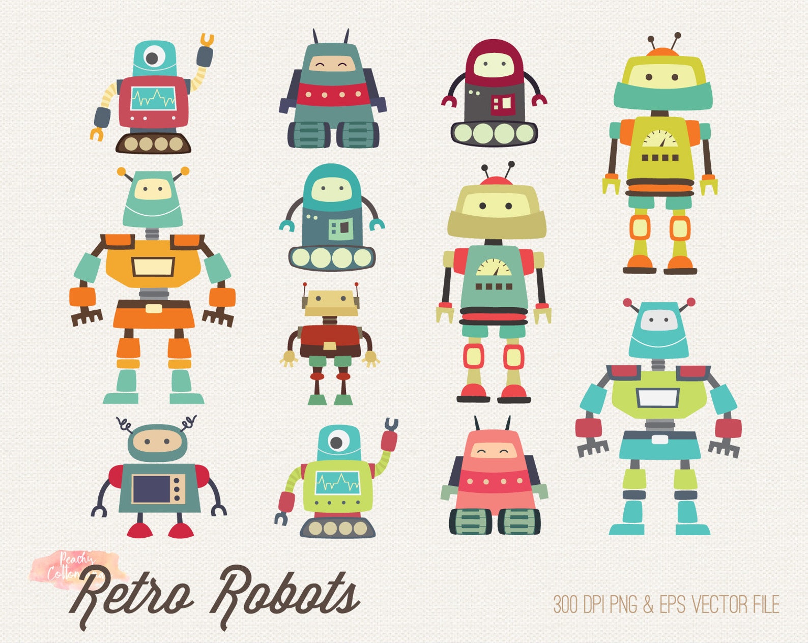 BUY 4 GET 50% OFF Retro Robot Clipart - Robot Clip Art - Cute Robots ...