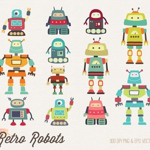 COMPRE 4 GANHE 50% DE DESCONTO Retro Robot Clipart - clipart de robô - clipart digital de robôs fofos - festa de robô - download instantâneo - uso comercial ok