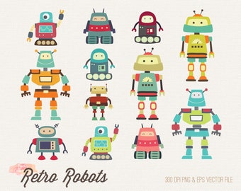 BUY 4 GET 50% OFF Retro Robot Clipart - robot clip art - cute robots digital clipart - robot party - instant download - commercial use ok