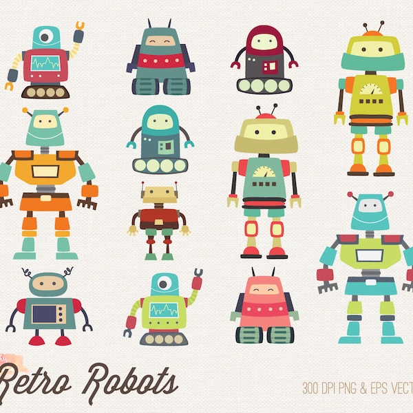 BUY 4 GET 50% OFF Retro Robot Clipart - robot clip art - cute robots digital clipart - robot party - instant download - commercial use ok