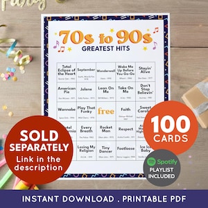May include: A printable PDF featuring a list of 100 songs from the 70s to the 90s, with a Spotify playlist included. The design has a navy blue border and includes the text "70s to 90s Greatest Hits".