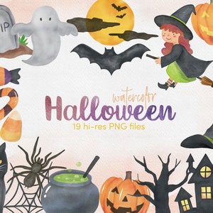 Watercolor Halloween Clipart: Witch, Ghost, Pumpkin (PNG Digital Download)
