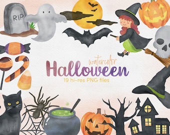 Watercolor Halloween Clipart: Witch, Ghost, Pumpkin (PNG Digital Download)