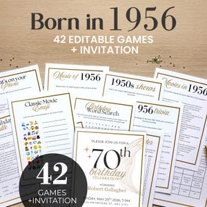 May include: A collection of printed game sheets and an invitation for a 70th birthday celebration. The documents feature gold borders and black text, including titles like Born in 1956, Music of 1956, 1950s shows, Movies in 1956, and Classic Movie Emoji.