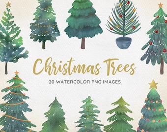 Watercolor Christmas Tree Clipart: 20 PNG Images (Digital Download)