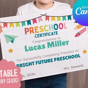 KAUFEN Sie 4 und erhalten Sie 50% Rabatt Bearbeitbares druckbares Vorschul-Kindergarten-Diplomzertifikat Canva-Vorlage Vorschuldiplom Kindergartenabschluss