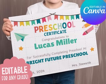 Certificado de diploma de preescolar editable: Plantilla de Canva (descarga digital)