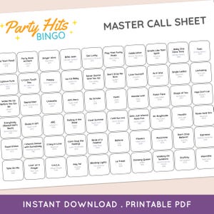 May include: A printable bingo game sheet titled "Party Hits Bingo" with a grid of song titles and artists. The sheet includes popular songs like "Billie Jean," "Happy," and "Crazy in Love." The bottom of the sheet reads "Instant Download. Printable PDF."