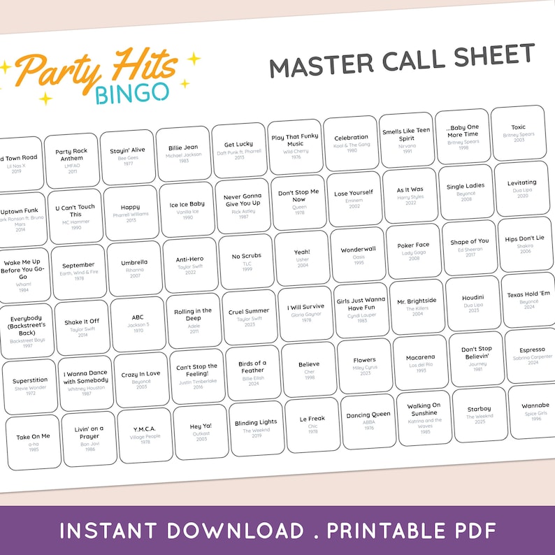 May include: A printable bingo game sheet titled "Party Hits Bingo" with a grid of song titles and artists. The sheet includes popular songs like "Billie Jean," "Happy," and "Crazy in Love." The bottom of the sheet reads "Instant Download. Printable PDF."