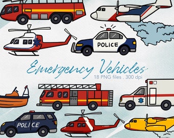 Emergency Vehicle Clipart: Fire Engine, Police Car, Ambulance (Digital Download)