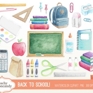 BUY 4 GET 50% OFF Watercolor Back to School Clip Art - stationery school supplies clipart - school clipart png - Commercial Use Ok