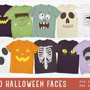 Puede incluir: Diez diseños diferentes de caras de Halloween en camisetas. Los diseños incluyen un fantasma, un esqueleto, una calabaza, un vampiro, un gato, un zombi, un monstruo, una momia, una calavera y una cara de miedo.