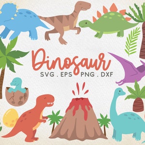 Könnte beinhalten: Ein Set mit bunten Comic-Dinosaurier-Illustrationen, darunter ein grüner Dinosaurier mit orangefarbenen Stacheln, ein blauer Dinosaurier mit drei Hörnern, ein lilafarbener Dinosaurier mit Flügeln, ein roter Dinosaurier, ein blauer Dinosaurier mit langem Hals, ein blaues Dinosauriereier und ein brauner Vulkan mit roter Lava.