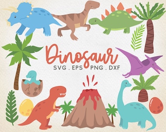 May include: A set of colorful cartoon dinosaur illustrations, including a green dinosaur with orange spikes, a blue dinosaur with three horns, a purple dinosaur with wings, a red dinosaur, a blue dinosaur with a long neck, a blue dinosaur egg, and a brown volcano with red lava.