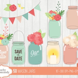 COMPRE 4 GANHE 50% DE DESCONTO 50 Chic Mason Jars Clip Art / Wedding Mason Jar Clipart / Floral save the date jar ilustração vetorial - uso comercial ok