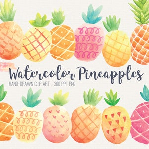 May include: A set of ten watercolor pineapple illustrations in various colors and patterns. The pineapples are hand-drawn and have a whimsical, summery feel.