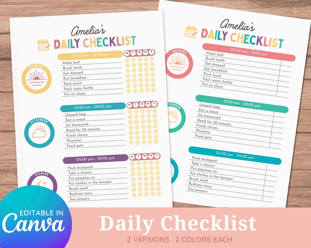 Kids Daily Routine Checklist: Editable Chore Chart (canva Template) - Etsy