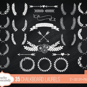 Chalkboard Laurel & Wreath Clipart: 35 PNG Graphics (Digital Download)