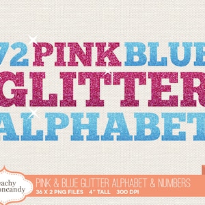 Pink & Blue Glitter Alphabet Clipart: 72 PNG Files (Digital Download)