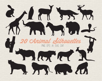 BUY 4 GET 50% OFF 20 Wild Animal Silhouettes Clipart - animal silhouette clip art - animal svg dxf vector digital clipart - animal cut file