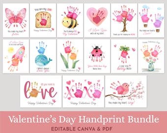 May include: A collection of Valentine's Day handprint art cards. The cards feature handprints shaped into various designs, including a butterfly, heart, bee, and flowers. Each card has a Valentine's Day message.