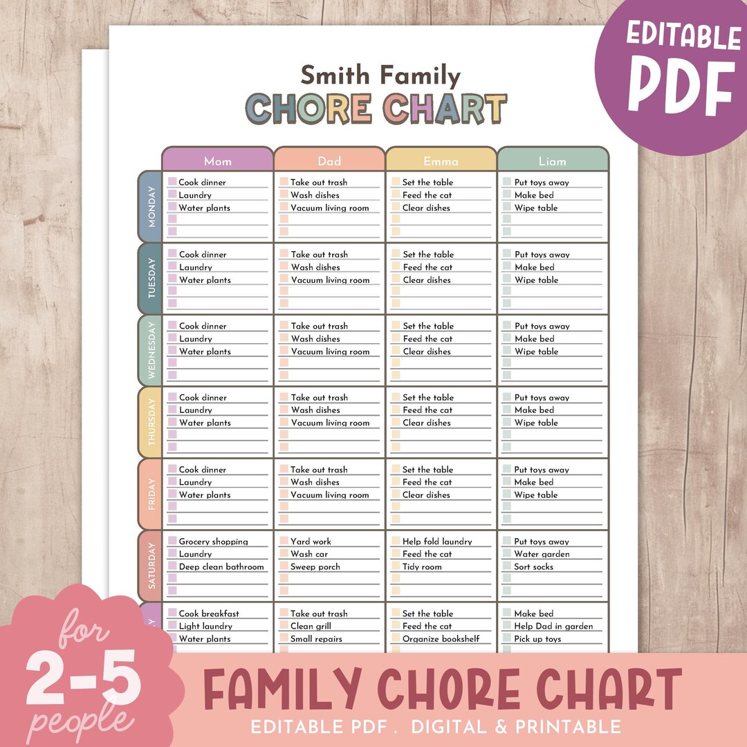 Family Chore Chart - Editable PDF | Household Chores Organizer for 2–5 ...