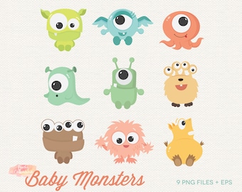 May include: Nine cartoon baby monsters in various colors and designs. The monsters have large eyes, different colored bodies, and some have multiple eyes. The text "Baby Monsters" is at the bottom of the image.