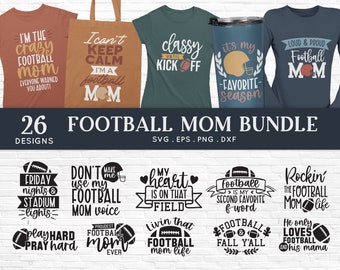 May include: A set of 26 digital designs featuring football-themed phrases and graphics. The designs are perfect for creating t-shirts, mugs, tote bags, and other crafts. The designs include phrases like "I'm the crazy football mom", "Don't use my football mom voice", and "Rockin' the football mom life".