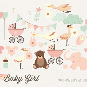 Baby Girl Clipart: Stork, Pram, Elephant (PNG & EPS)