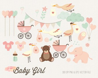 Baby Girl Clipart: Stork, Pram, Elephant (PNG & EPS)