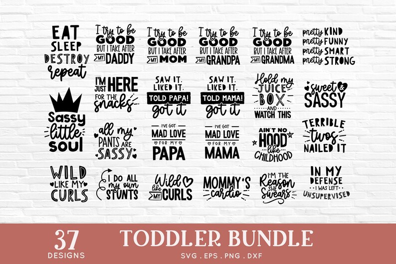 Pu&ograve; includere: Un set di 37 design SVG in bianco e nero a tema bambini piccoli. I design includono frasi come "Mangia Dormi Distruggi Ripeti", "Anima Piccola Sassy", "Selvaggio Come I Miei Ricci", "Sono Qui Solo Per Gli Spuntini", "Tutti I Miei Pantaloni Sono Sassy", "Cerco Di Essere Bravo Ma Somiglio A Mio Pap&agrave;", "Ho Un Amore Pazzesco Per Il Mio Pap&agrave;", "Tieni La Mia Scatola Di Succo E Guarda Questo", "Terribili Due Anni Ce L'Ha Fatta", "In Mia Difesa Ero Senza Supervisione", e "Cardio Di Mamma".
