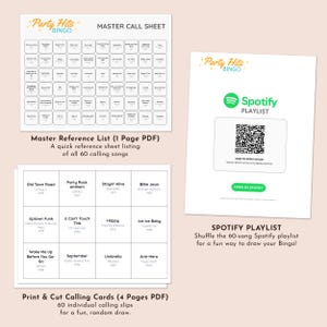 May include: Party Hits Bingo game set with a master call sheet, reference list, and calling cards. Includes a Spotify playlist with a QR code. The set features song titles and artist names.