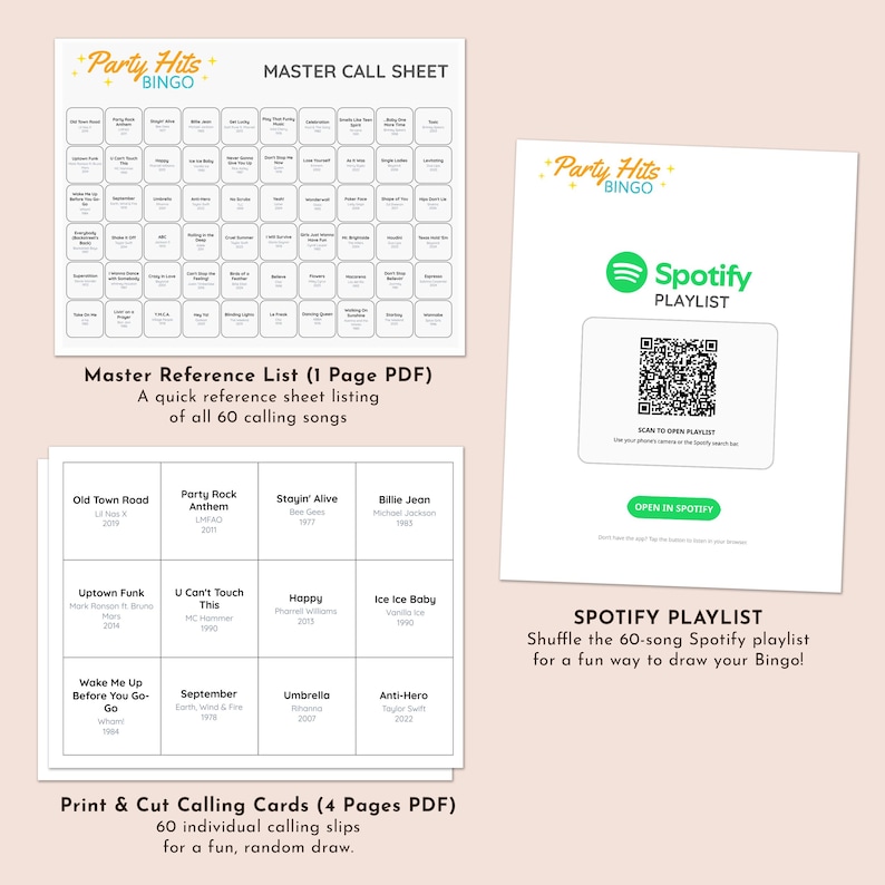 May include: Party Hits Bingo game set with a master call sheet, reference list, and calling cards. Includes a Spotify playlist with a QR code. The set features song titles and artist names.