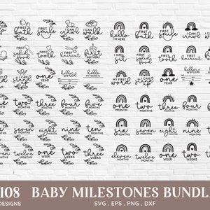 May include: A set of 108 black and white baby milestone graphics featuring rainbows, wreaths, and other designs. The graphics include phrases such as "hello I'm here", "first bath", "first smile", "I can crawl", "I can walk", "first tooth", "first haircut", "first birthday", "my first word", "I can stand up", "one year", "one month", "two months", "three months", "four months", "five months", "six months", "seven months", "eight months", "nine months", "ten months", "eleven months", "twelve months", "one week", "two weeks", "three weeks".
