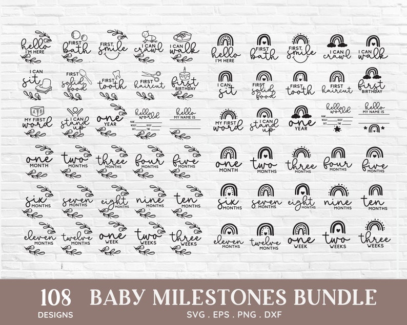 May include: A set of 108 black and white baby milestone graphics featuring rainbows, wreaths, and other designs. The graphics include phrases such as "hello I'm here", "first bath", "first smile", "I can crawl", "I can walk", "first tooth", "first haircut", "first birthday", "my first word", "I can stand up", "one year", "one month", "two months", "three months", "four months", "five months", "six months", "seven months", "eight months", "nine months", "ten months", "eleven months", "twelve months", "one week", "two weeks", "three weeks".