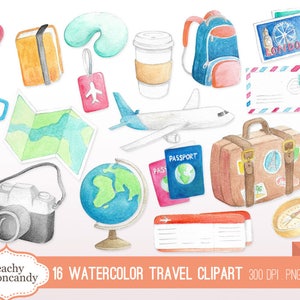 COMPRE 4 GANHE 50% DE DESCONTO Clip Art de viagens em aquarela - clipart de férias de férias viajando - clipart de viagens em aquarela png - Uso comercial Ok