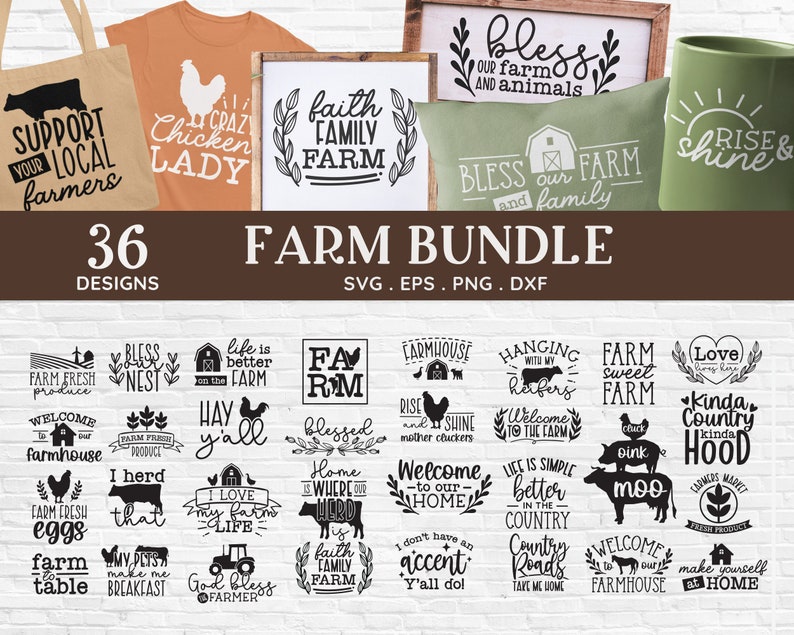 May include: A set of 36 farmhouse-themed SVG, EPS, PNG, and DXF digital files. The designs feature various farm-related phrases and images, including chickens, barns, and farm animals. The designs are perfect for creating crafts, home decor, and more.