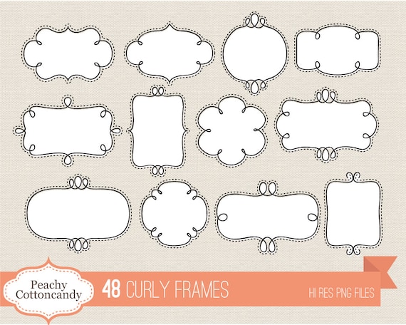 48 Hand-Drawn Curly Frames Clipart: Doodle Frames (Digital Download)