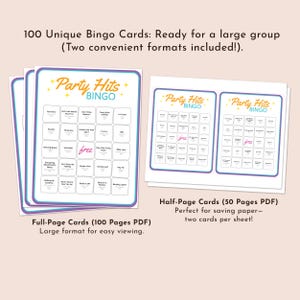 May include: Two bingo card designs are shown, one full-page and one half-page. The cards are white with a purple and blue border and feature the text "Party Hits Bingo." The full-page cards are labeled "Full-Page Cards (100 Pages PDF)." The half-page cards are labeled "Half-Page Cards (50 Pages PDF)."