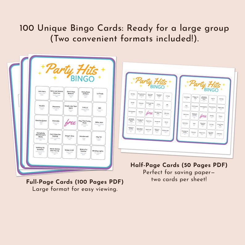 May include: Two bingo card designs are shown, one full-page and one half-page. The cards are white with a purple and blue border and feature the text "Party Hits Bingo." The full-page cards are labeled "Full-Page Cards (100 Pages PDF)." The half-page cards are labeled "Half-Page Cards (50 Pages PDF)."