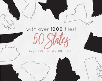 Op de afbeelding: Een digitale collectie van 50 kaartomtrekken van staten met effen zwarte silhouetten en witte lijntekeningen. De centrale tekst luidt with over 1000 files! 50 States svg. eps. png. pdf. dxf in zwarte en roze belettering.