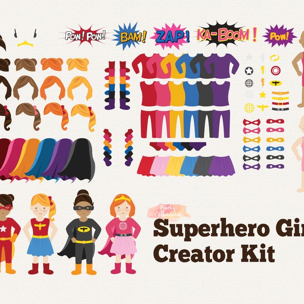 BUY 4 GET 50% OFF Superhero Girl Clip Art Creator Kit - Build Your Own Superhero Clipart - girl superhero clipart - digital instant download
